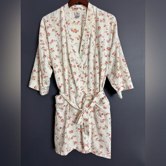 Vintage 90's Cacique 100% Cotton White Rose Floral Belted Tie Robe Size M/L - Picture 1 of 15